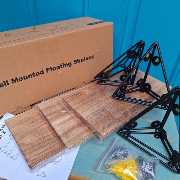 NEW Display Shelves Floating Wall Shelving w Metal Brackets Natural Wood Color - Picture 7 of 17